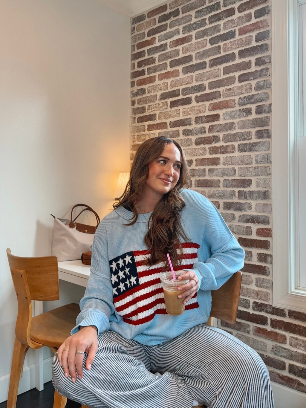 Land of Free Light Blue Oversized American Flag Sweater