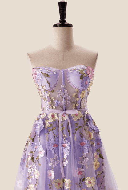 Lavender Floral Corset A-line Long Dress