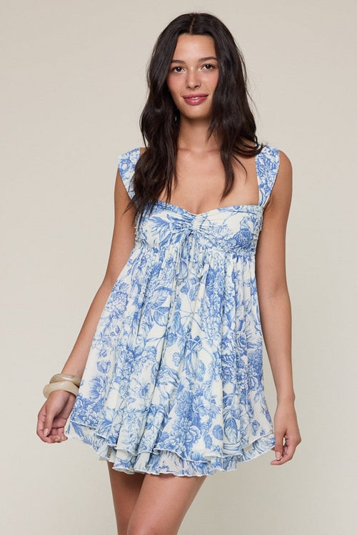 Layla White and Blue Floral Babydoll Mini Dress