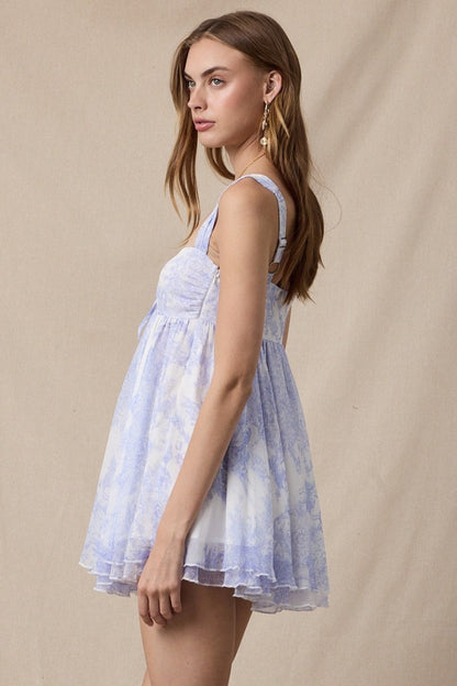 Layla White & Blue Floral Toile Babydoll Mini Dress