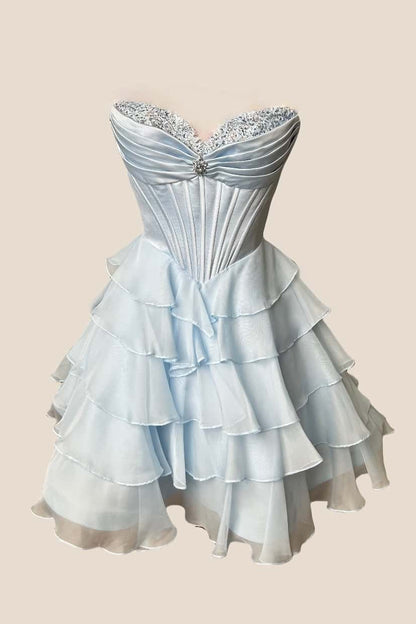 Appliques Neck Pink Corset Tiered Short Dress