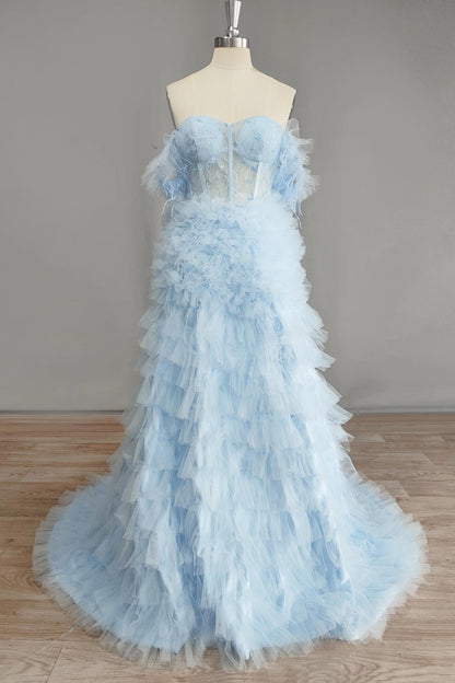 Off the Shoulder Pink Corset Tiered Ruffle Formal Gown