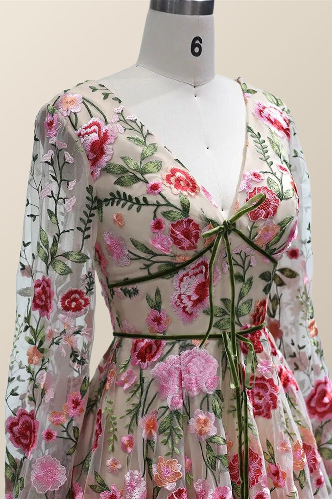 Long Sleeves Floral Embroidery A-line Long Formal Dress