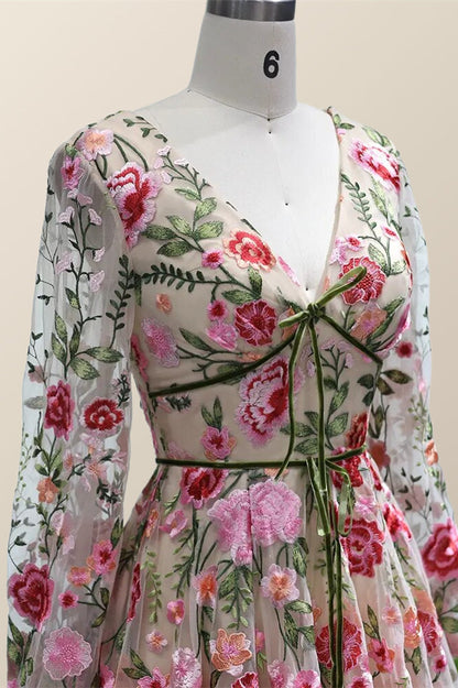 Long Sleeves Floral Embroidery A-line Long Formal Dress