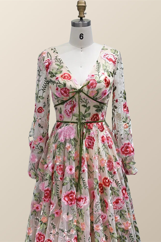 Long Sleeves Floral Embroidery A-line Long Formal Dress