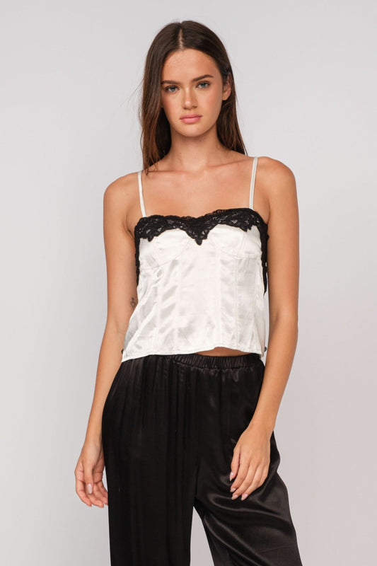 Lucy Ivory and Black Lace Satin Cami Top