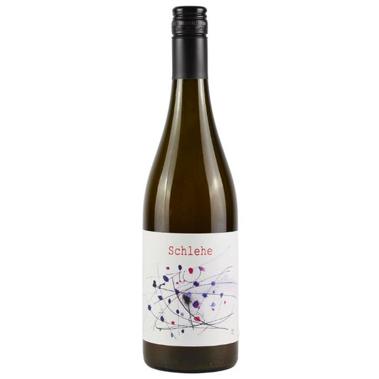 Bottle of MA Arndorfer, Schlehe Amber wine with a label featuring a abstract design in purple and white on a white background.