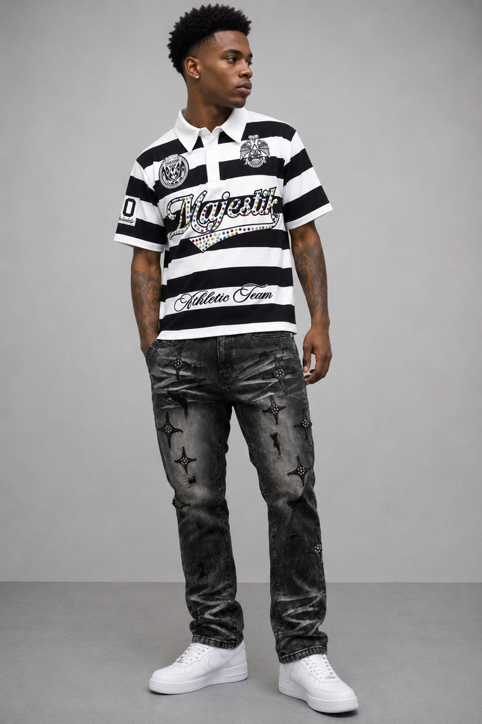 Majestik black athletic team rhinestone rugby patched polo shirt, casual T-shirt with embroidered details and sporty style.