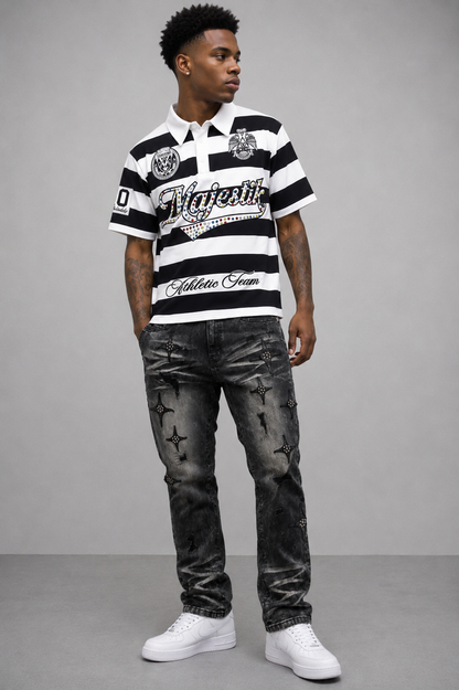 Majestik black athletic team rhinestone rugby patched polo shirt, casual T-shirt with embroidered details and sporty style.