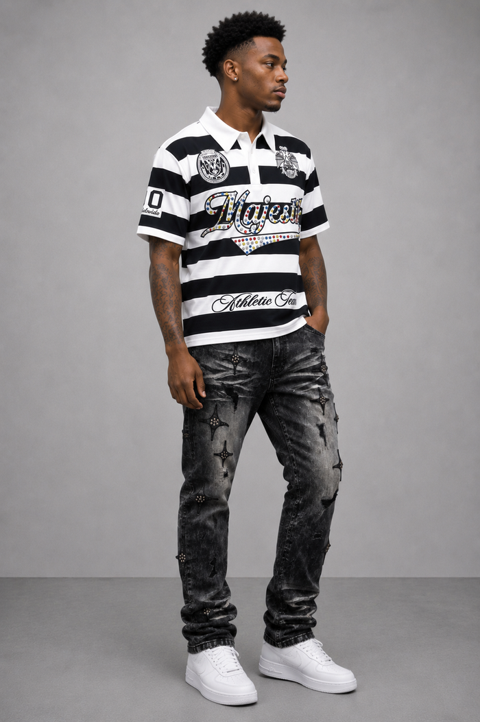 Black Majestik Athletic Team rhinestone rugby patched polo shirt with athletic team embroidery and stylish design.