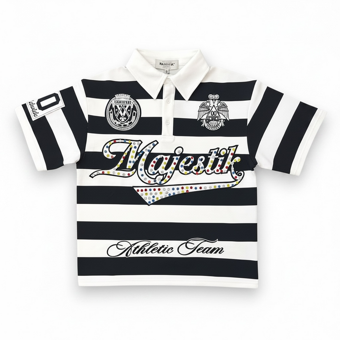 Black Majestik Athletic Team rhinestone rugby patched polo shirt with athletic team logo and decorative rhinestones.