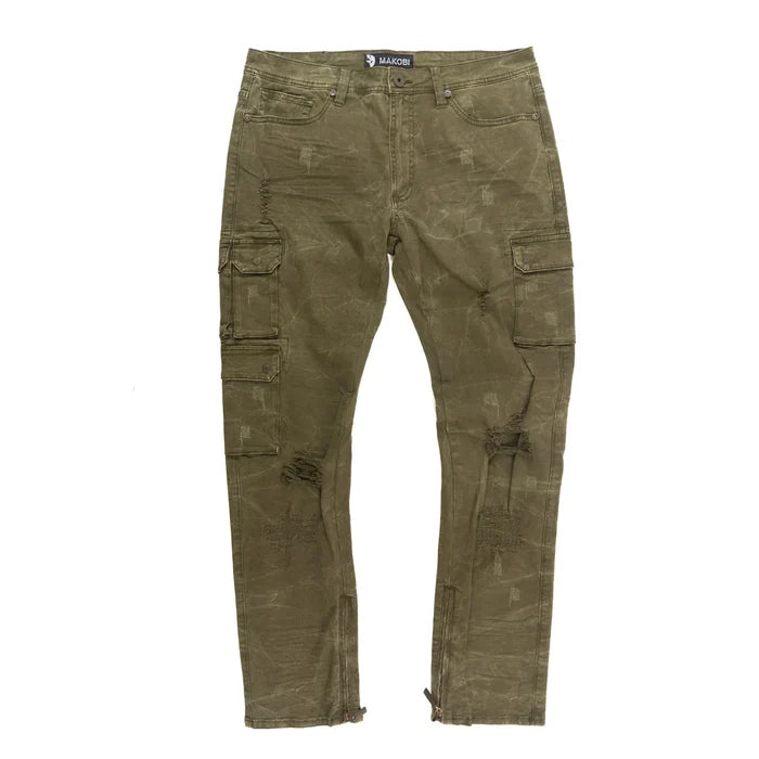 Makobi 'Berteli' olive cargo denim pants with multiple pockets and relaxed fit, displayed on a neutral background.