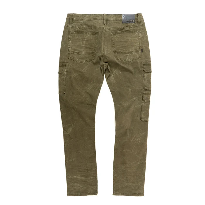 Makobi 'Berteli' olive cargo denim pants with multiple pockets and relaxed fit, displayed on a neutral background.