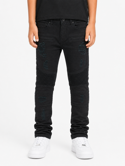 Black Makobi Kids Rick Biker denim jeans for kids, showcasing classic denim style with biker-inspired details.