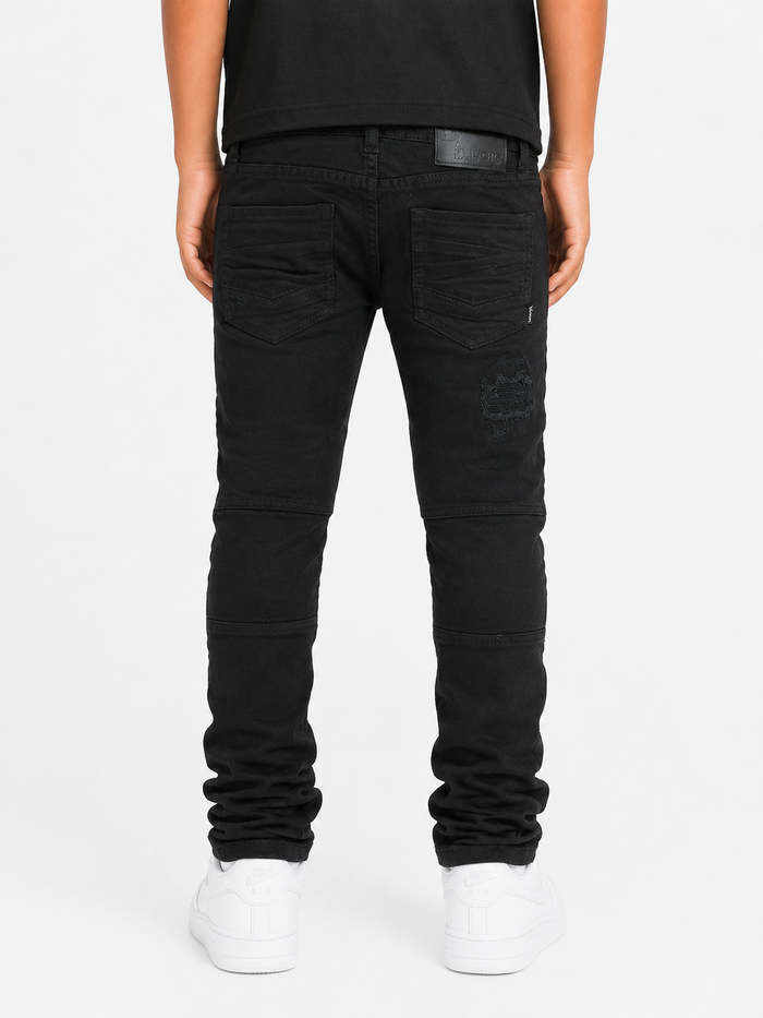 Makobi Kids Rick Biker black denim for kids, featuring a stylish distressed design and classic biker-inspired details.