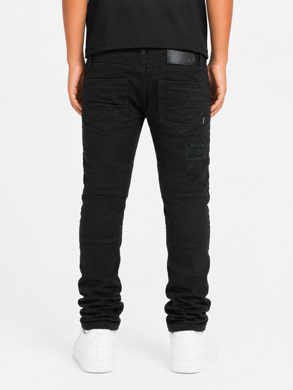 Makobi Kids Rick Biker black denim for kids, featuring a stylish distressed design and classic biker-inspired details.