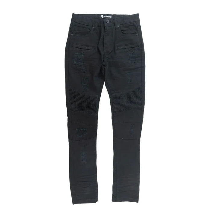 Makobi Kids Rick Biker black denim for kids, stylish black jeans with biker detailing, front view with pockets and stitching.