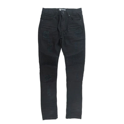 Makobi Kids Rick Biker black denim for kids, stylish black jeans with biker detailing, front view with pockets and stitching.