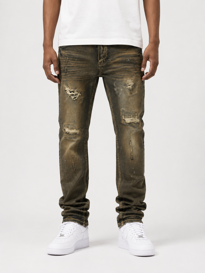 Makobi Lorenzino vintage wash denim jeans, front view showing classic fit and faded blue denim fabric.