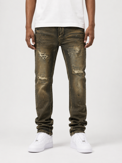 Makobi Lorenzino vintage wash denim jeans, front view showing classic fit and faded blue denim fabric.