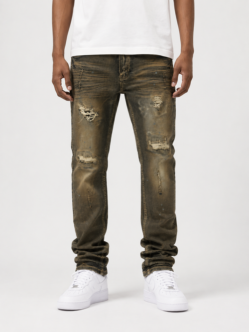 Makobi Lorenzino vintage wash denim jeans, front view showing classic fit and faded blue denim fabric.