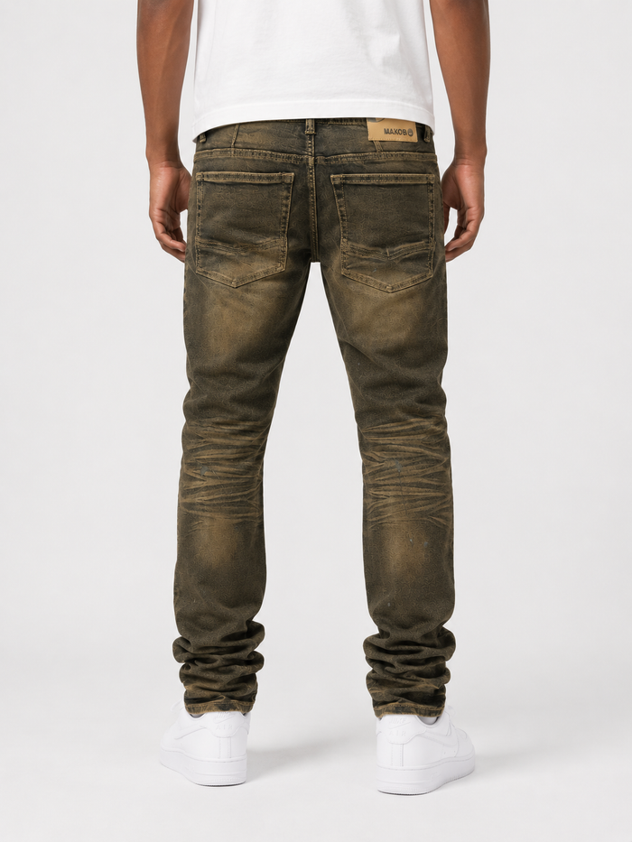Makobi Lorenzino vintage wash denim jeans, shown in natural light with detailed stitching and classic fit.