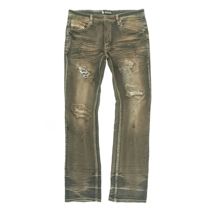 Makobi Lorenzino vintage wash denim jeans displayed on a hanger, showcasing classic fit and distressed details.
