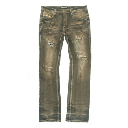 Makobi Lorenzino vintage wash denim jeans displayed on a hanger, showcasing classic fit and distressed details.
