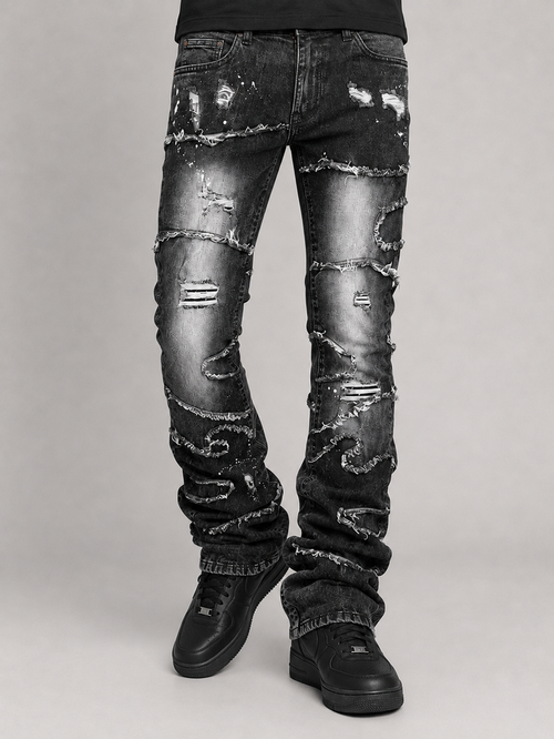 Makobi Pastoni stacked black wash denim jeans with layered design and branded details, casual and stylish for everyday wear.