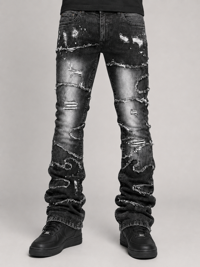 Makobi Pastoni stacked black wash denim jeans showing the layered denim design and classic fit.