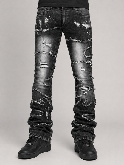 Makobi Pastoni stacked black wash denim jeans showing the layered denim design and classic fit.
