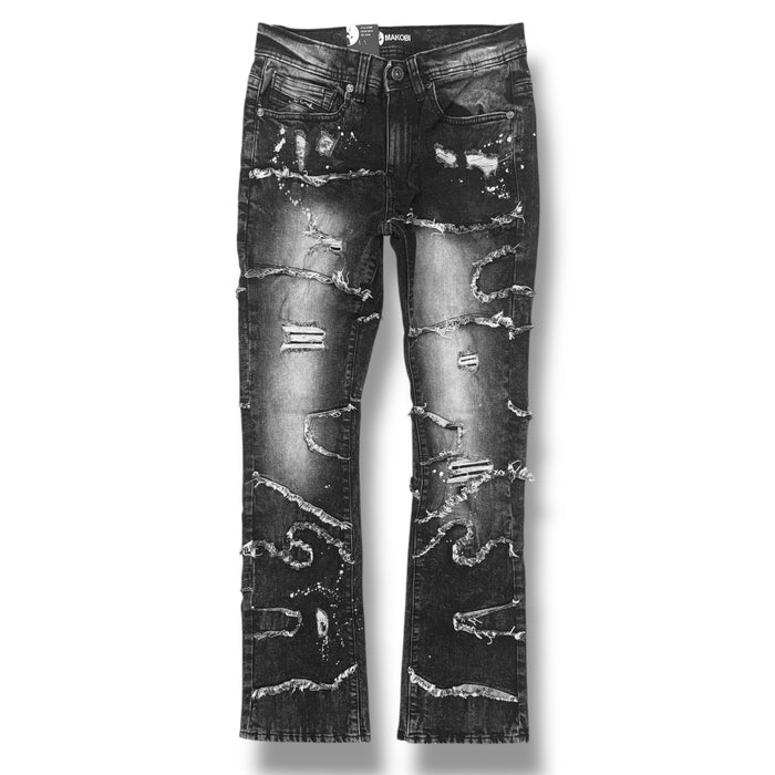 Makobi Pastoni stacked denim jeans in black wash, showcasing a stylish dark blue denim with a layered, stacked design.