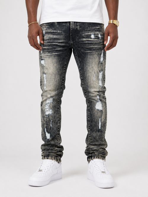 Makobi Prego Slim fit black wash denim jeans for men, showcasing front view with classic five-pocket design.