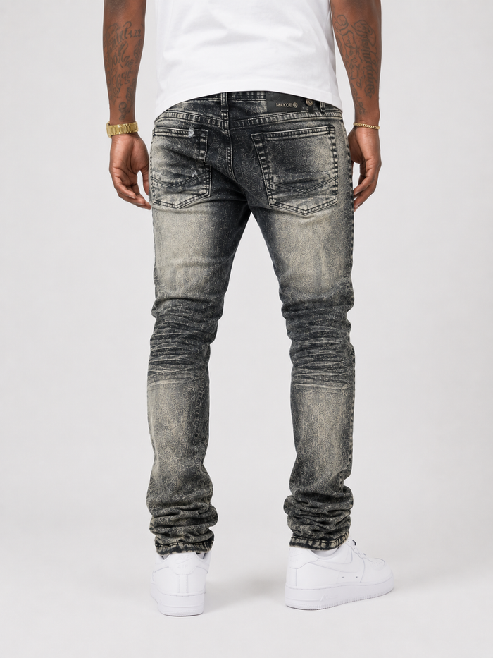Makobi Prego slim fit denim jeans in black wash, showing front view with classic five-pocket design and belt loops.
