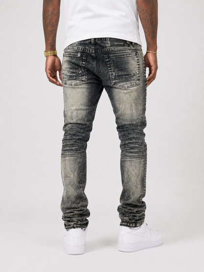 Makobi Prego slim fit denim jeans in black wash, showing front view with classic five-pocket design and belt loops.