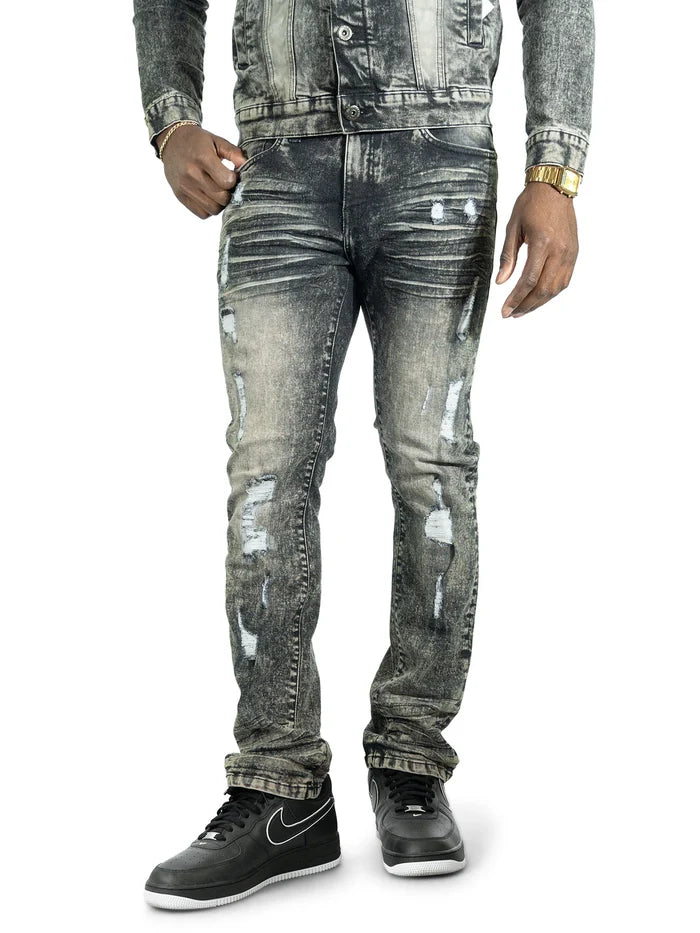 Makobi Prego slim fit denim jeans in black wash with classic five-pocket design, displayed on a model.