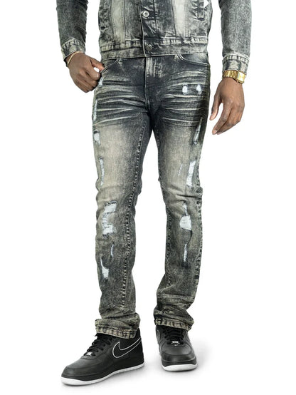 Makobi Prego slim fit denim jeans in black wash with classic five-pocket design, displayed on a model.