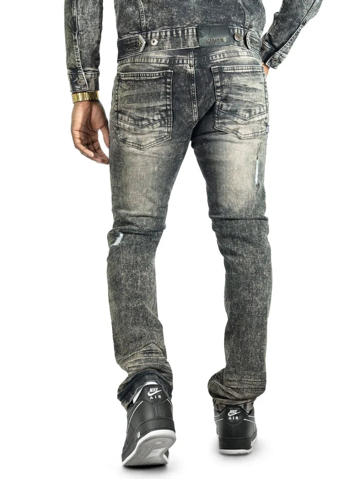 Makobi Prego slim fit denim jeans in black wash, displayed on a model showcasing a modern, fitted style.