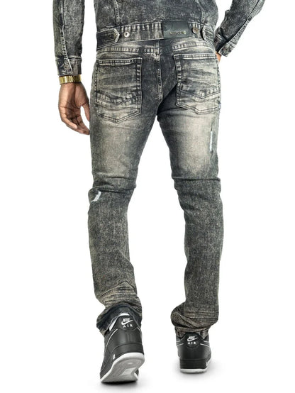 Makobi Prego slim fit denim jeans in black wash, displayed on a model showcasing a modern, fitted style.