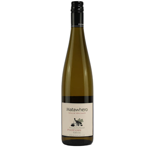 A bottle of Matawhero Single Vineyard Pinot Gris 2024 wine with a label showing the brand, vineyard name, and variety of the wine.