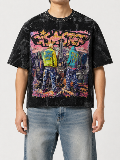 Black men's BKYS Disaster cropped rhinestone T-shirt featuring bold rhinestone details and a modern, stylish fit.