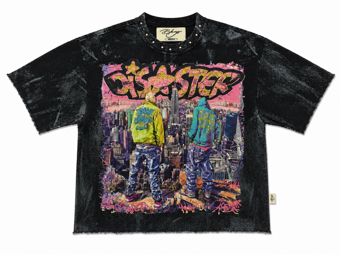 Men's black BKYS Disaster cropped rhinestone T-shirt, featuring a bold design, styled for a modern, edgy look.