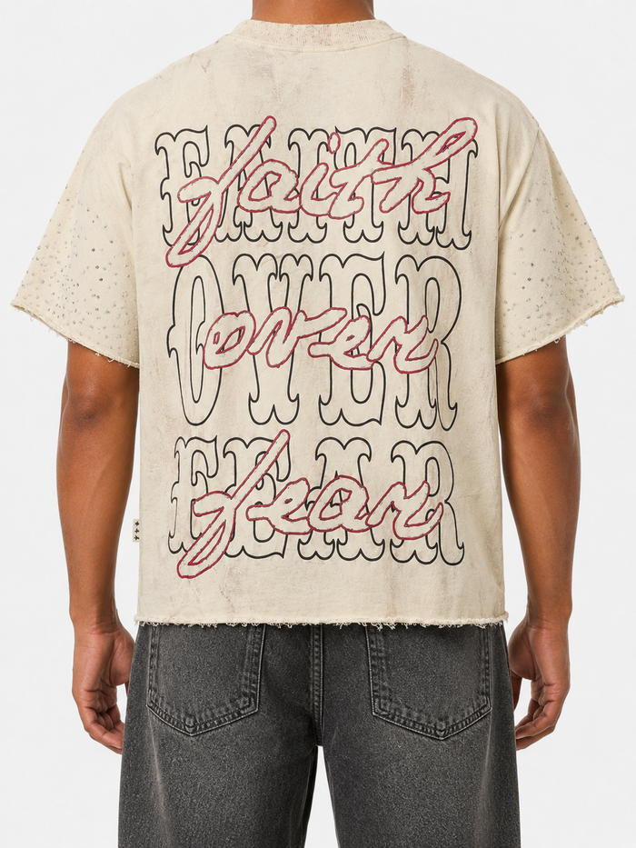 Men's BKYS Faith cropped rhinestone T-shirt in off white, featuring rhinestone embellishments and a relaxed fit.