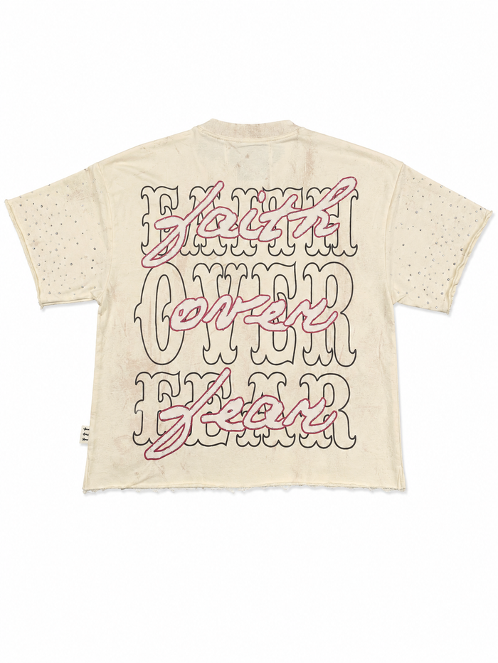 Off-white men's BKYS Faith cropped rhinestone T-shirt with graphic design and short sleeves, casual style tee image