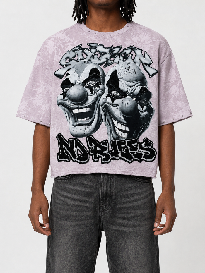 Men's lavender BKYS Sinner Club cropped rhinestone T-shirt, stylish tee with rhinestone details, casual men's fashion top.