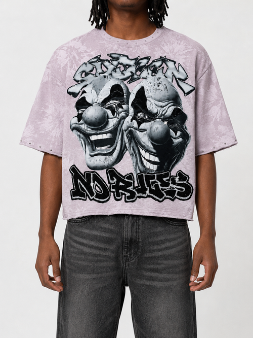 Men's lavender BKYS Sinner Club cropped rhinestone T-shirt, stylish tee with rhinestone details, casual men's fashion top.