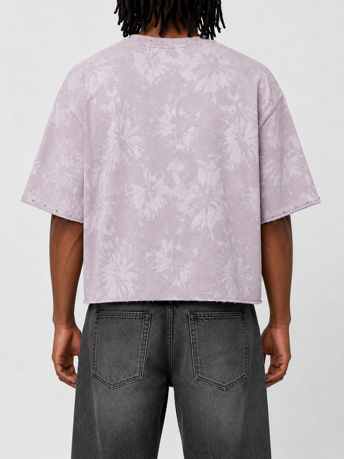 Men's lavender BKYS Sinner Club cropped rhinestone T-shirt, stylish men's tee with sparkling rhinestone details.