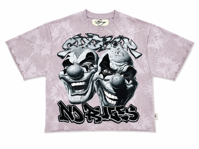 Men's lavender BKYS Sinner Club cropped rhinestone T-shirt with graphic design, short sleeve tee for casual wear.