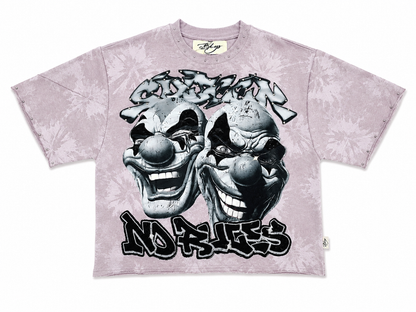 Men's lavender BKYS Sinner Club cropped rhinestone T-shirt with graphic design, short sleeve tee for casual wear.