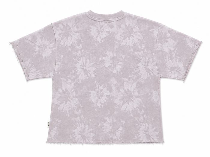 Men's lavender BKYS Sinner Club cropped rhinestone T-shirt with bold graphic design and short sleeves.